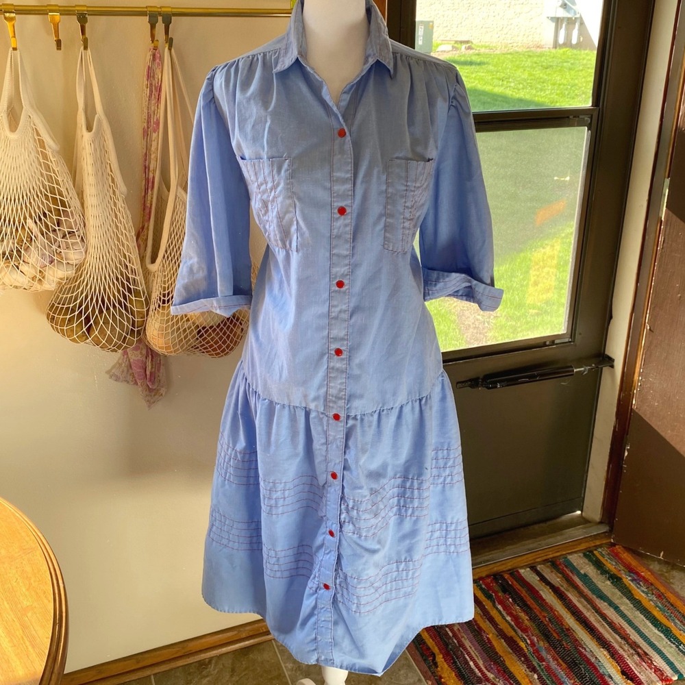 Vintage 1950s Chambray Button Down Blue Midi Drop Waist Dress Large Western Fem - Picture 2 of 5